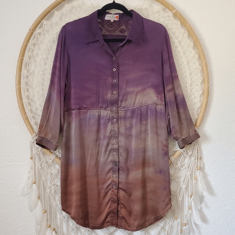 Michelle Jonas Ombre Tie-Dye Silk 3/4 Sleeve Button Down Babydoll Tunic Top L